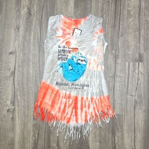 Roatan Sloth Fringed Tie Dye Tank Top